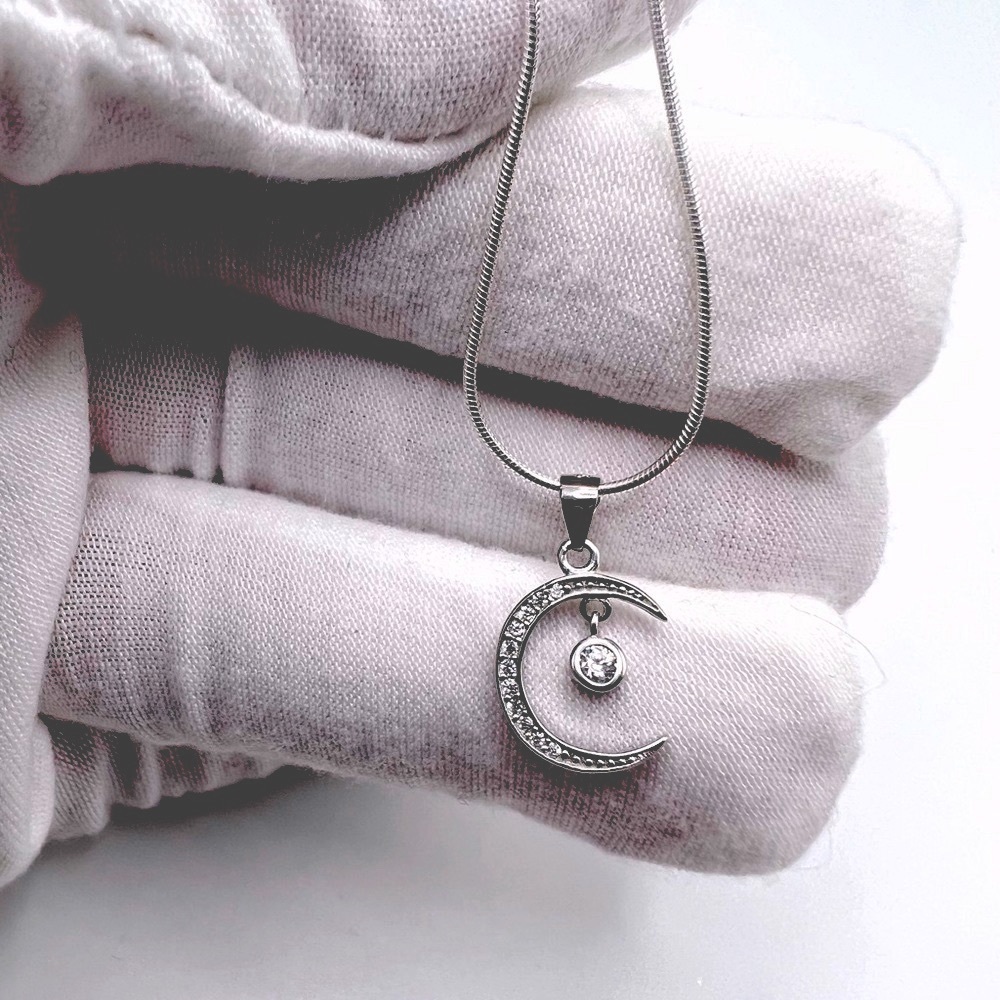 .925 Sterling Silver Cz Moon Necklace